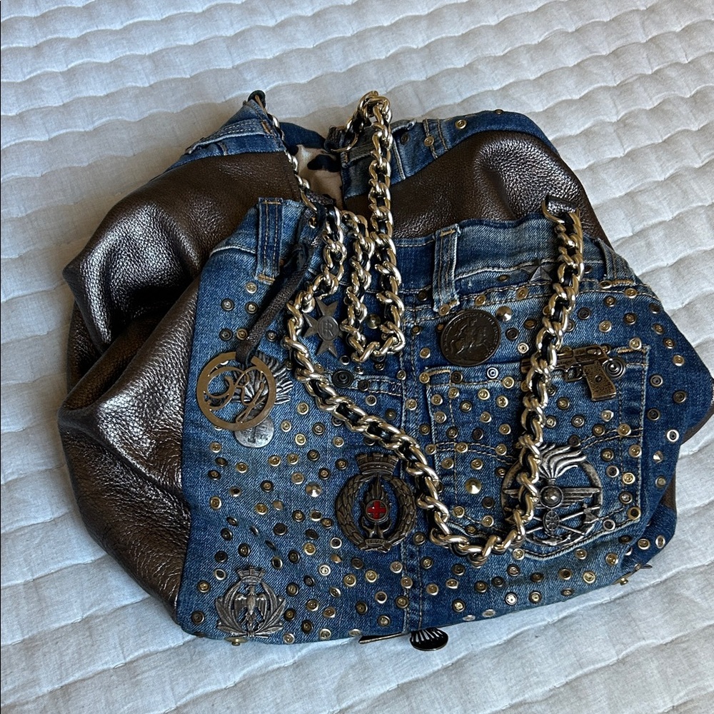 Rebecca J Denim and Metallic Chain Bag